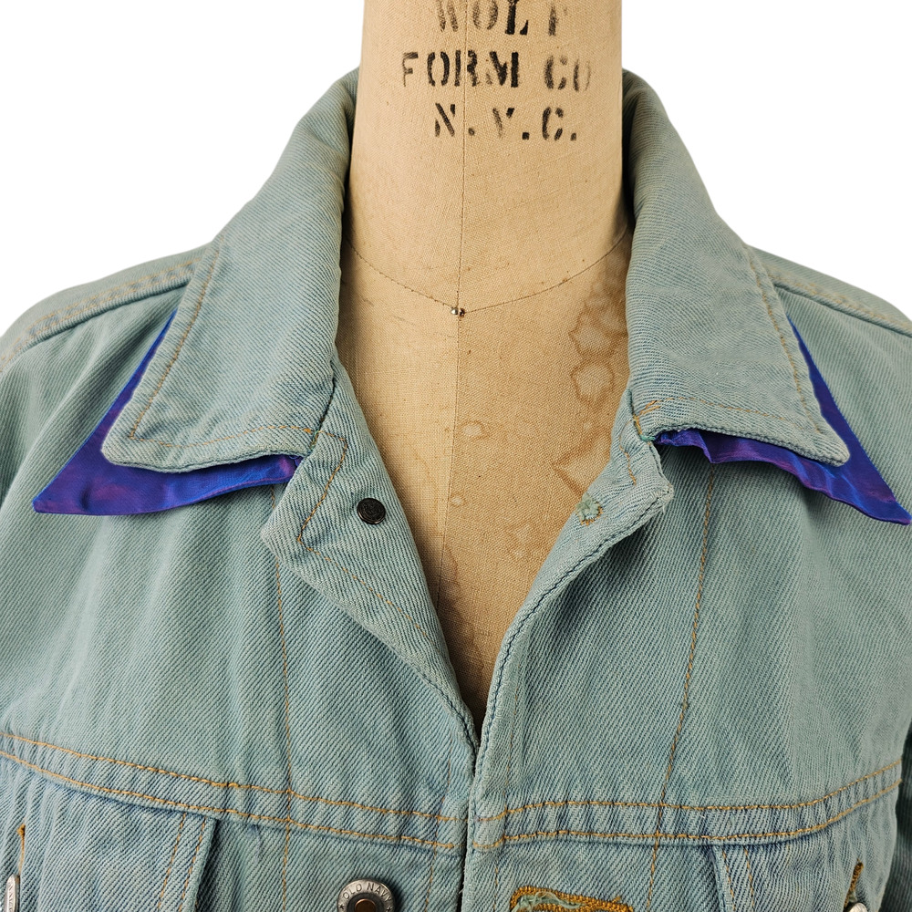 Jacket Upcycled blue green denim ribbon embroidered floral cropped Small - Picture 4 of 13